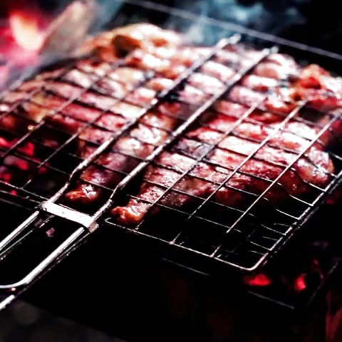 Skewers searing on the grill